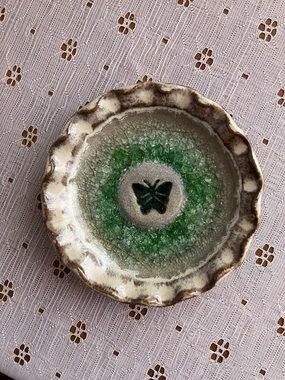Handmade Ceramic Trinket Dish with Green Butterfly Motif